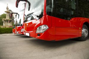 Red city buses on parked on a lot