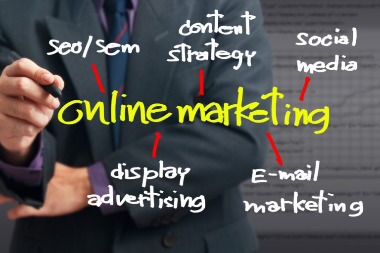businessman writing online marketing concept map on the screen